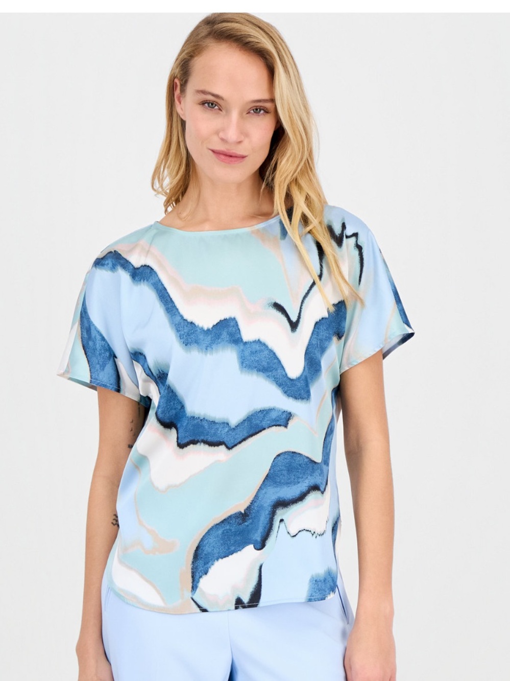Anne Klein womens printed boat-neck short-sleeve top NWOT